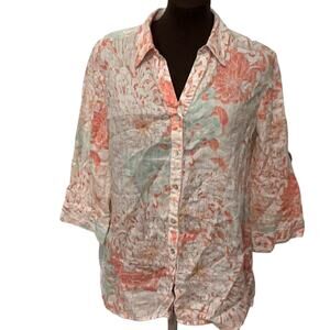 Chico's 100% Linen Floral Button-Down Shirt Beachy Coral Mint Blue Size Large/2